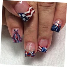 Fourth of July Press on Nails Short Lines Glitter Sequins Fireworks Designs