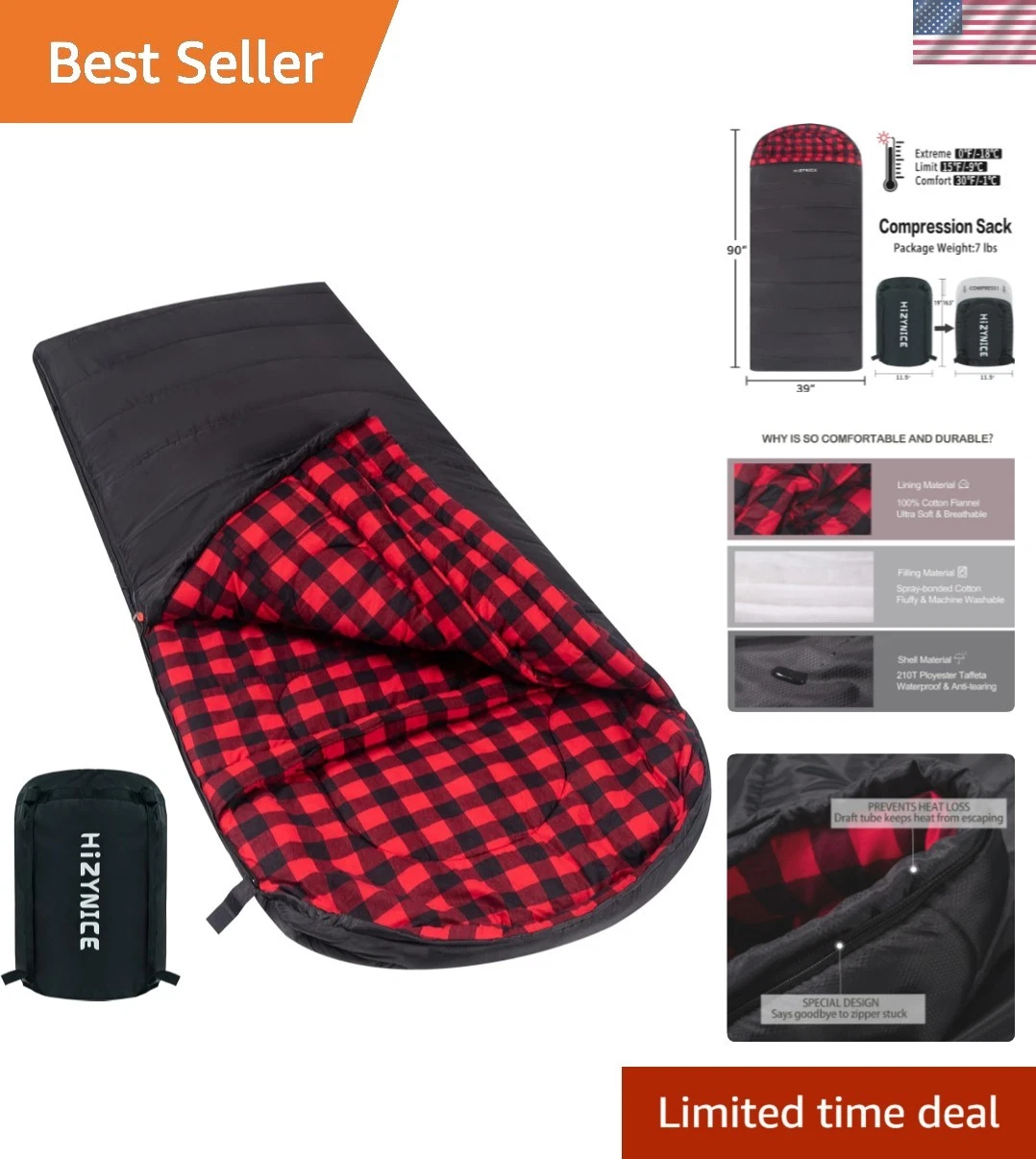 Cold Weather Sleeping Bag 100% Cotton Flannel XXL for Adults Big and Tall,Fre...