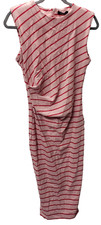 Fashion Womens Sleeveless Side Ruched Stripe Midi Dress, Pink Red, S