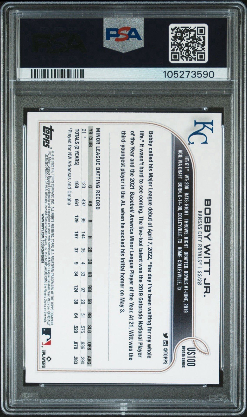 2022 Topps Update BOBBY WITT JR #US100 RC Image Variation SP PSA 10 Royals view 2