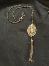 Vintage Gold Tone Filigree Cameo Tassel Pendant Necklace 22 Chain Boho