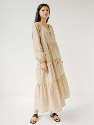 Matteau Maxi Dress Size 2 AU 8/US 4 Ecru Beige Long Sleeve Plunge Tiered Cotton