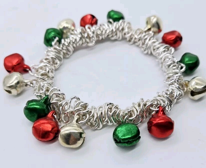 Christmas Charm Bracelet Dangle Bracelet Enamel Silver tone Stretch Jingle Bells