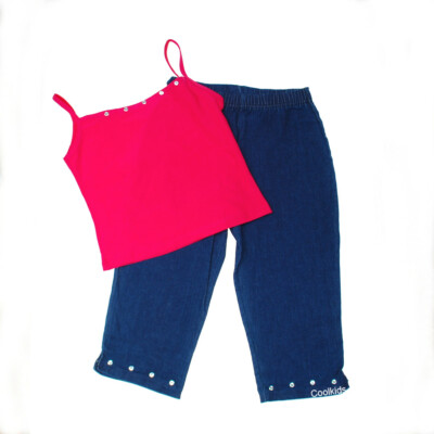 Mädchen Trägertop & Denim Pedal Drücker Sets, 9-10 Jahre, in Cerise, gelb, blau.