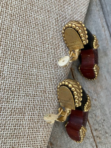 VINTAGE 1980'S DOMINIQUE AURIENTIS GOLD TONE Wooden HALF HOOP EARRINGS - Picture 4 of 7