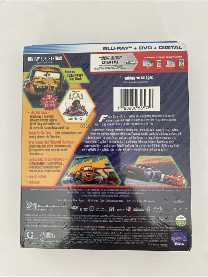 Disney Pixar's Cars 3 (Blu-ray/DVD/Digital,- Brand New - Image 2 of 2