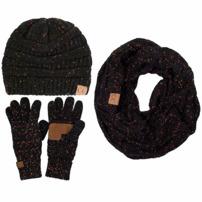 C&C California Black Silver Confetti Cable Knit Beanie Hat & Touch Gloves Set C.C Pom Cable Knit Beanie and Glove Set, Confetti Black  main image 3