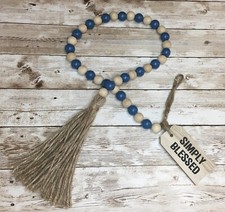New Wooden Bead Garland D cor SIMPLY BLESSED Blue  Natural With Jute Tassel 34  