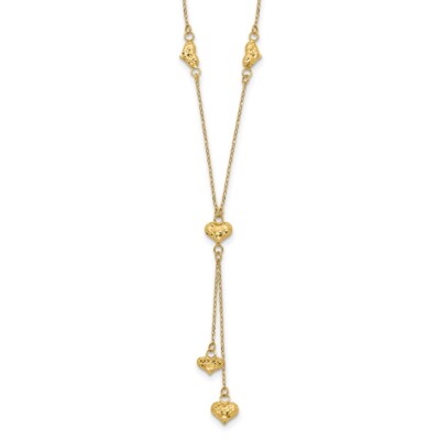 Echte 14kt Gelbgold polierte diamantgeschliffene gepuffte Herzen mit 2 Zoll Ext. Y-Halskette