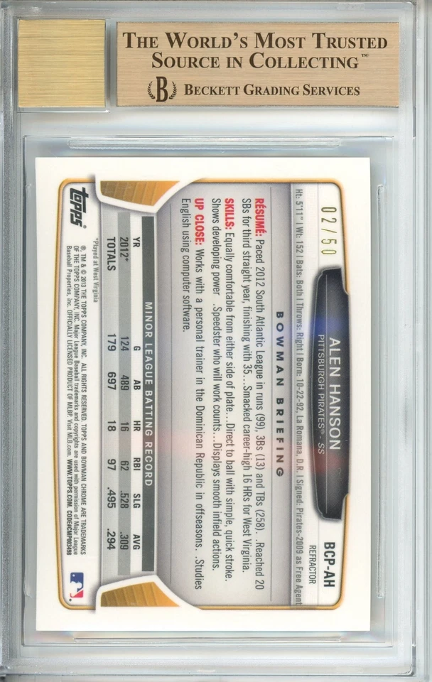 Bowman Chrome Prospect 2013 refractor automático de oro #AH Alen Hanson/50 BGS 9,5/10 Foto 2 de 2