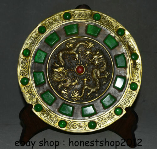 10,8 "alte China Kupfer Inlay grüne Jade Gem Palace Double Dragon Bronze Spiegel - Bild 1 von 8