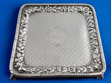 Rare Early Coin Silver square Salver footed Repousse Dish by WARNER 11oz mark
