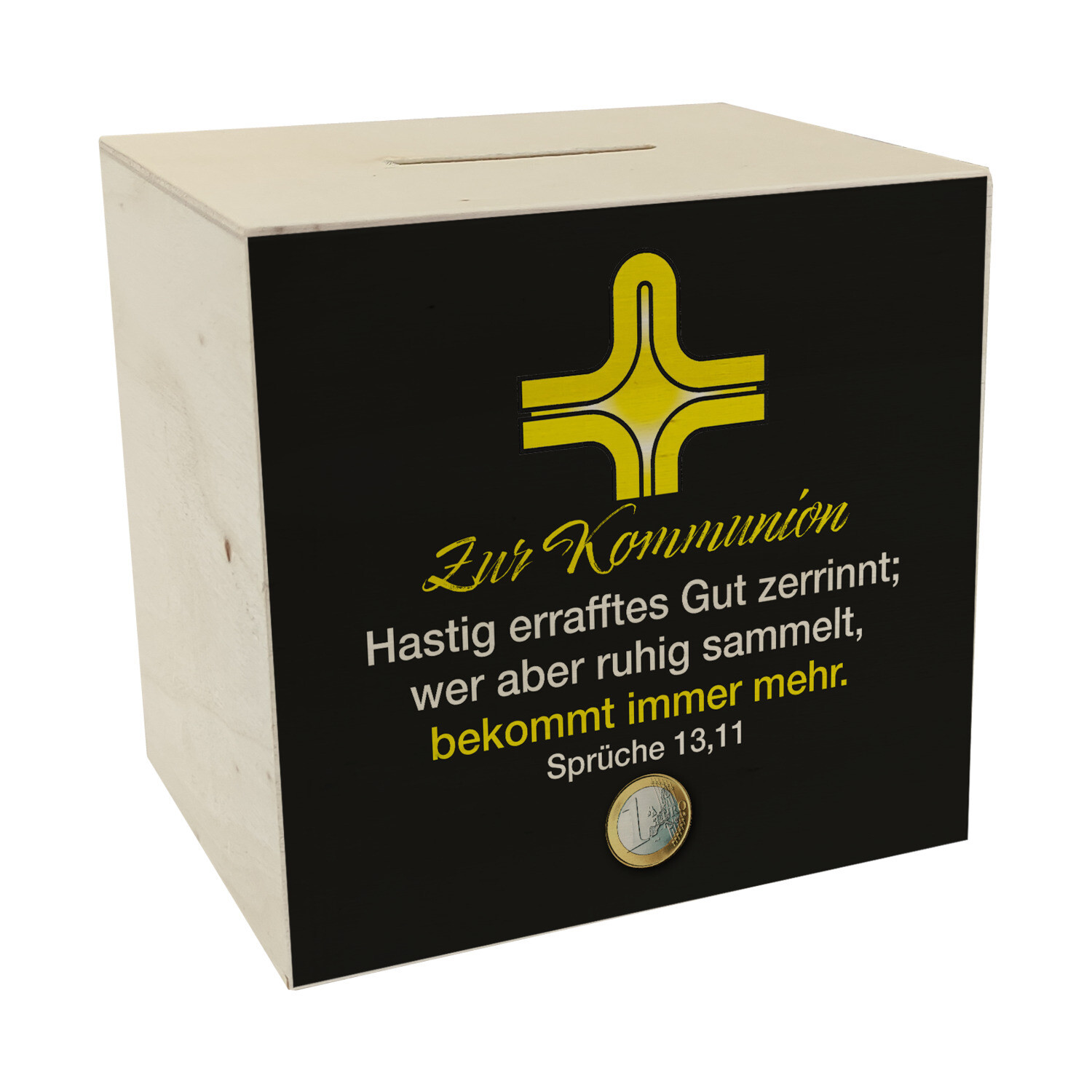 Sprüche 13,11 Bibelvers Spardose aus Holz in schwarz zur Kommunion