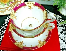 Antique 1850's Ridgway tea cup and saucer trio Mauve & gold teacup England 