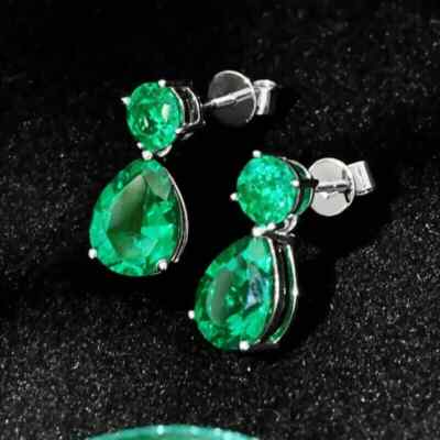 3 Ct Pear Cut Lab-Created Emerald Drop Dangle Earrings 14K White Gold Plated