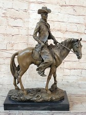 100% Bronze Statue Groß Original Cowboy Mit / Pferd Skulptur Figur Angebot