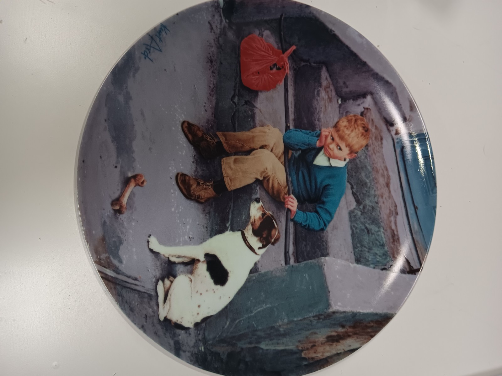 Boy and Dog Decorative Multicolor Round Collector Plate Dogs Theme