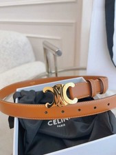 New Celine Belt Gold Triomphe Logo Brown Calfskin Leather Women's Belt 25mm