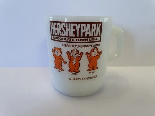Vintage Hershey Park Mug Chip Dutch Violet Milk Glass Fire King Anchor Hocking