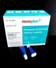 1 box/100 Lancets Novaplus Medicore Pressure Activated Safety Lancets 1.8mm 23 G