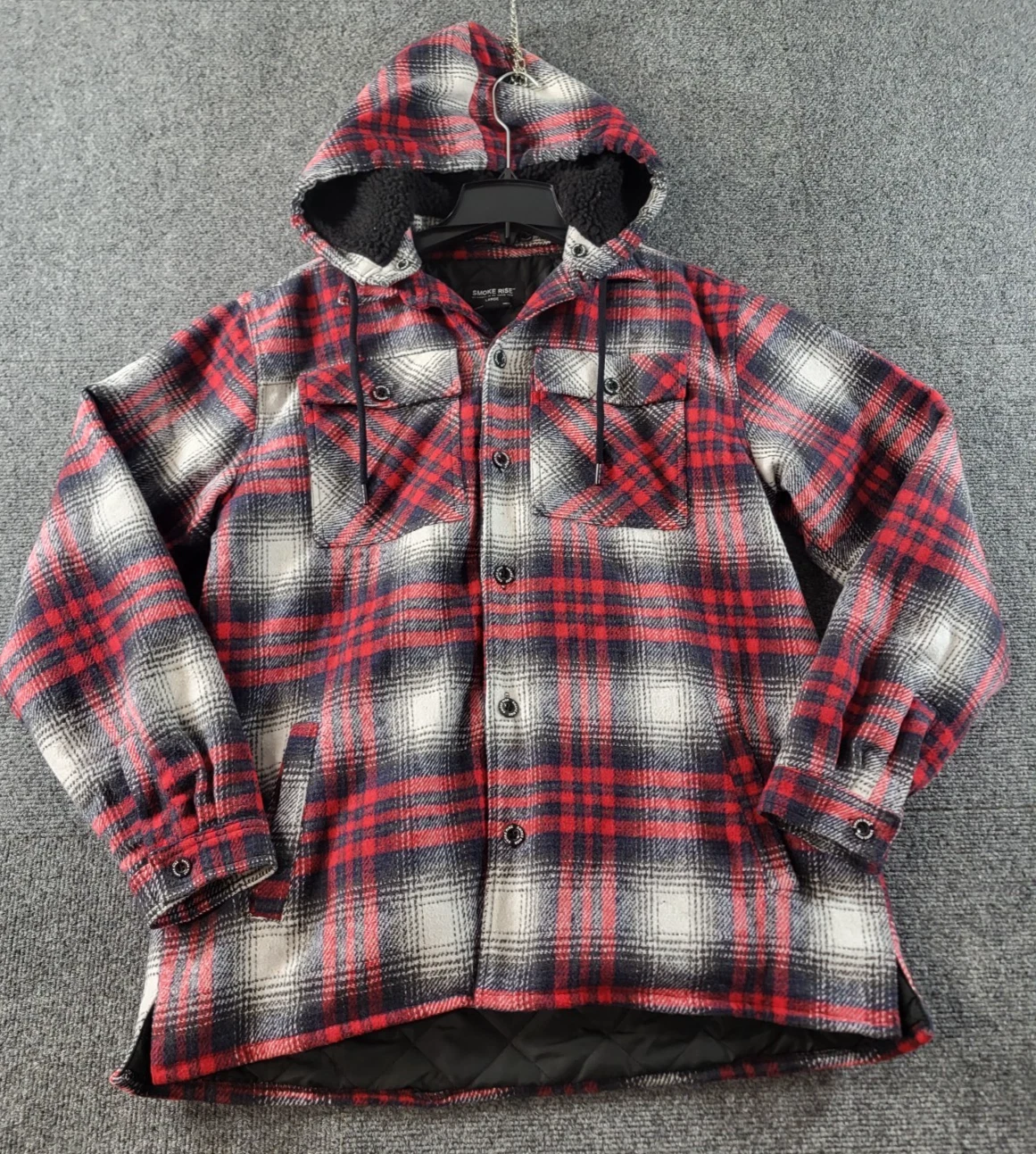 Smoke Rise Flannel Jacket Men L Rd/Wh Quilted Lining Removable Hood Flap Pockets