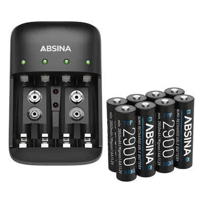 ABSINA Akku Ladegerät X4 für AA, AAA & 9V - Akkuladegerät inkl 8x AA 2900 Akkus