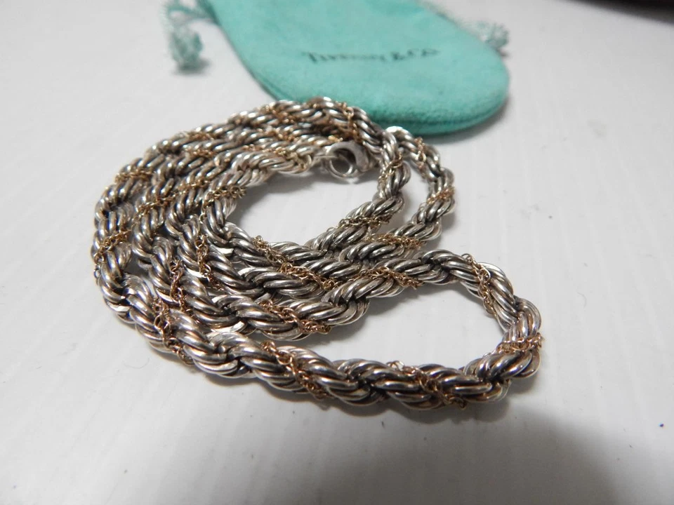 COLLAR CADENA PLATA ESTERLINA 14K TIFFANY VINTAGE MARCA ANTIGUA + BOLSA - ¡COMO NUEVO! Foto 3 de 4