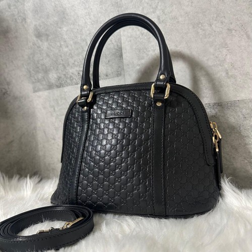 GUCCI 449654 Micro GG Leather 2Way Handbag Black Gold Logo Tote Shoulder Italy