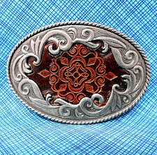 Western Floral Scroll Belt Buckle Leather Inlay Cowboy Cowgirl Vtg 90s  .PCB186