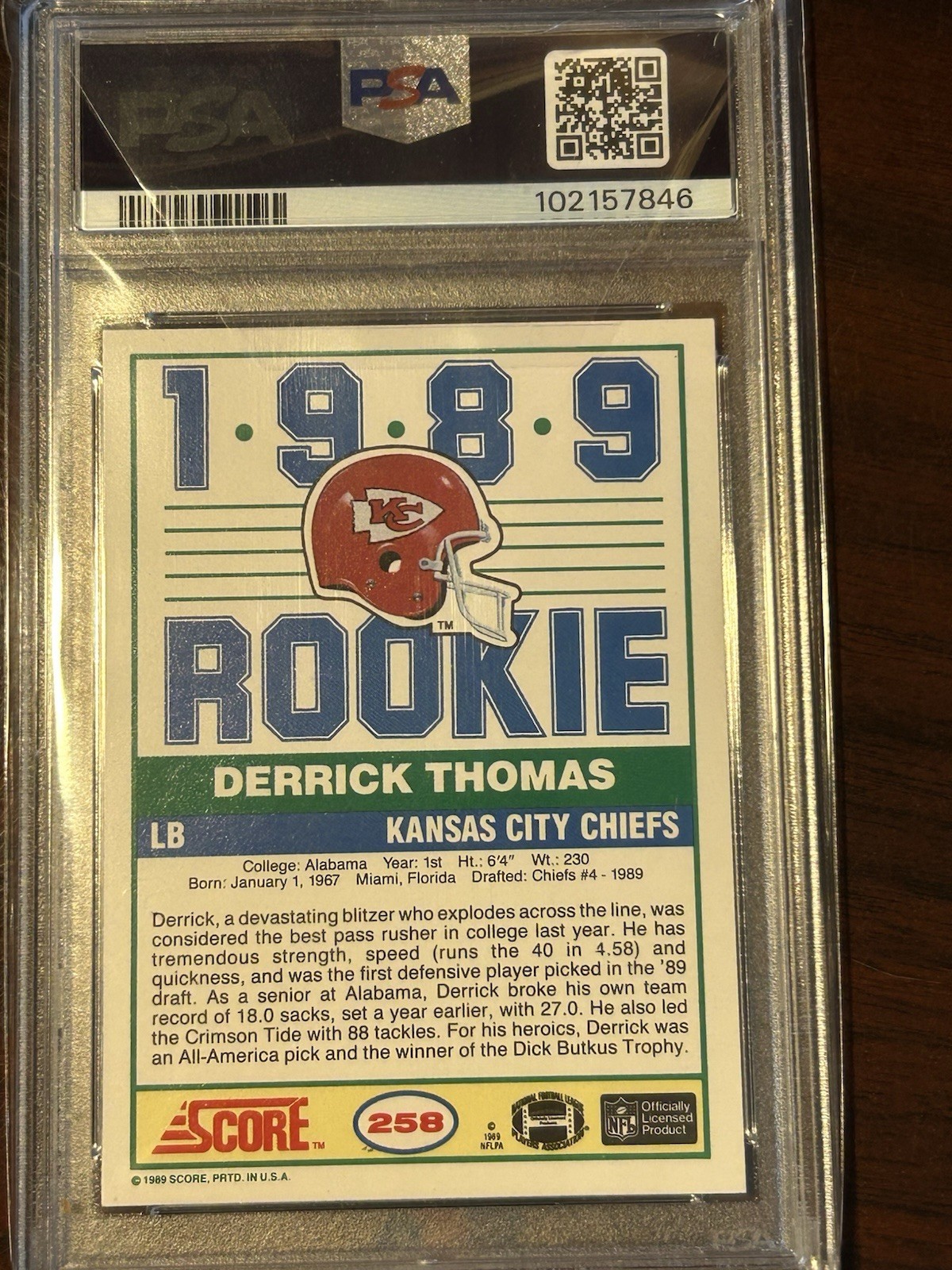 1989 score football derrick thomas rookie card Psa 10 Gem Mint #258 Low Pop  view 3