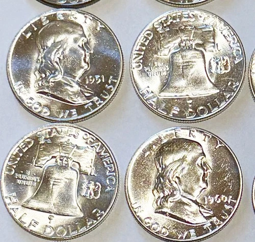 Mixed Date GEM BU Uncirculated Roll 20 Franklin Half Dollars. 7.25 OZ Silver