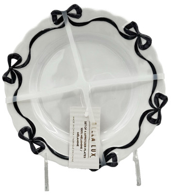 Bella Lux Black & White Coquette Bow Melamine Appetizer Dessert Plate Set 4pc