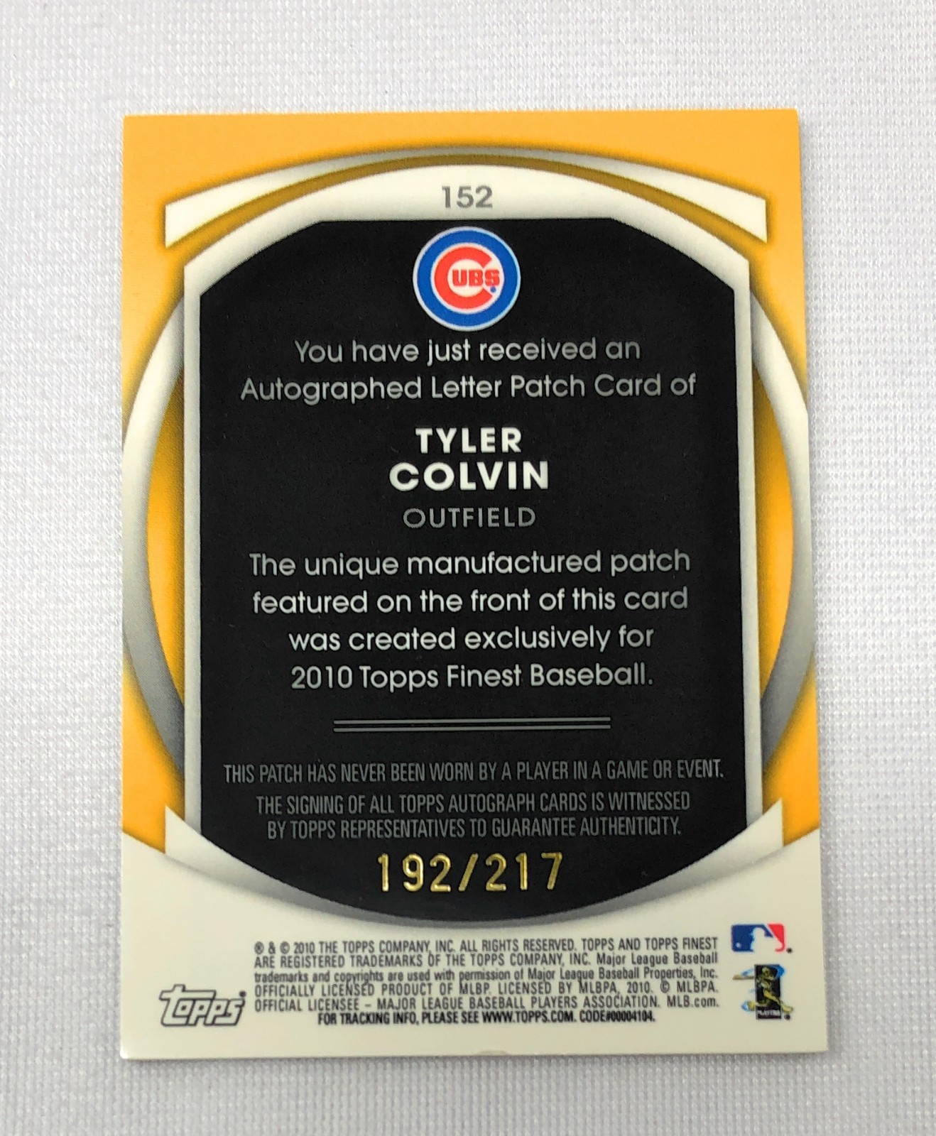Tyler Colvin 2010 Topps Finest Rookie Auto Letter N Patch /217 Chicago Cubs Card