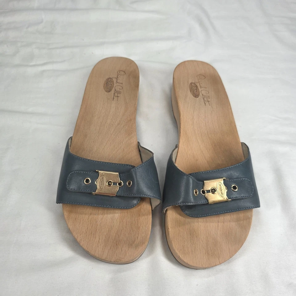 DR SCHOLL'S ORIGINAL EXERCISE WOODEN SANDALS Blue LEATHER CLOGS SLIP ON SHOEs 10 - Image 2 of 4