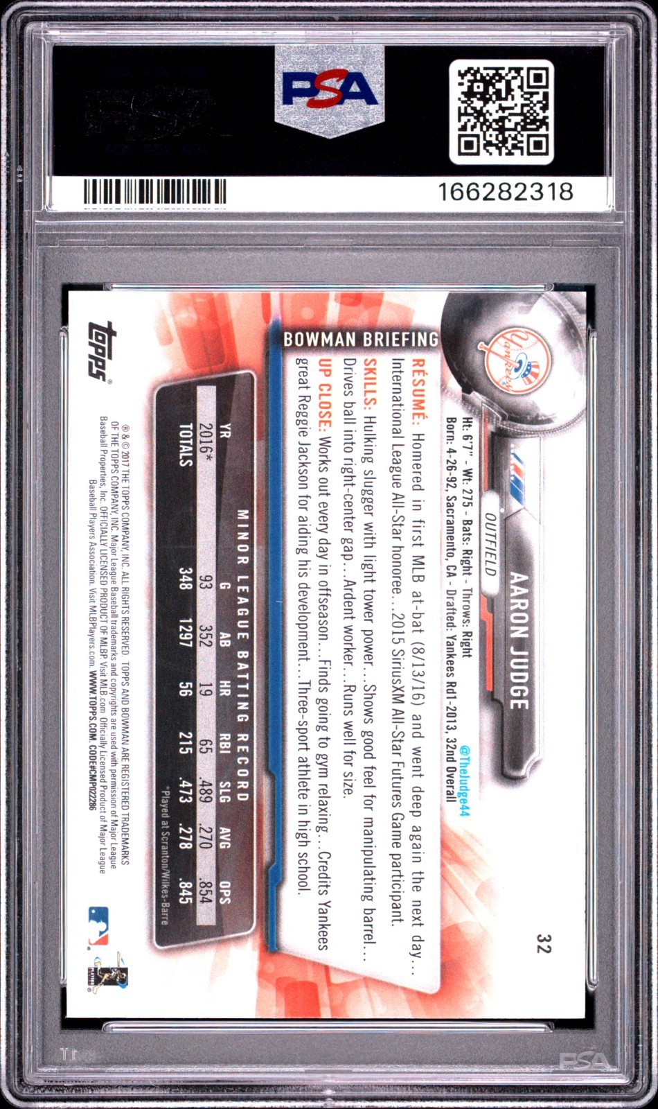 2017 Bowman - Aaron Judge #32 (RC) Yankees PSA 6 view 2
