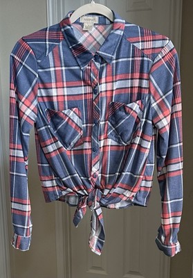 Passport Plaid Long Sleeve Tie-Front Crop Top Size M Juniors 