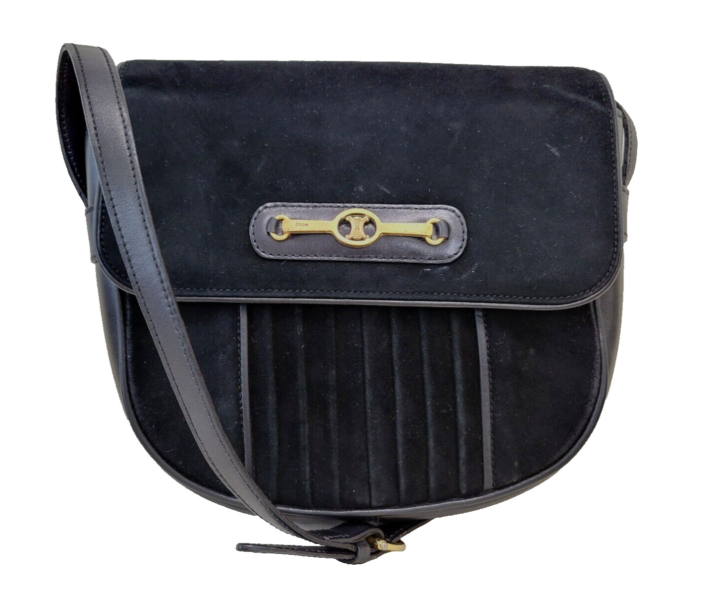 *Rare* CELINE Shoulder Bag Triomphe Suede Leather Black Vintage