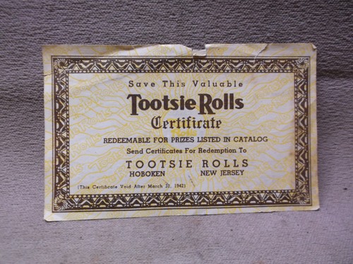 VINTAGE COLLECTIBLE 1942 TOOTSIE ROLLS HOBOKEN NJ CERTIFICATE PAPER