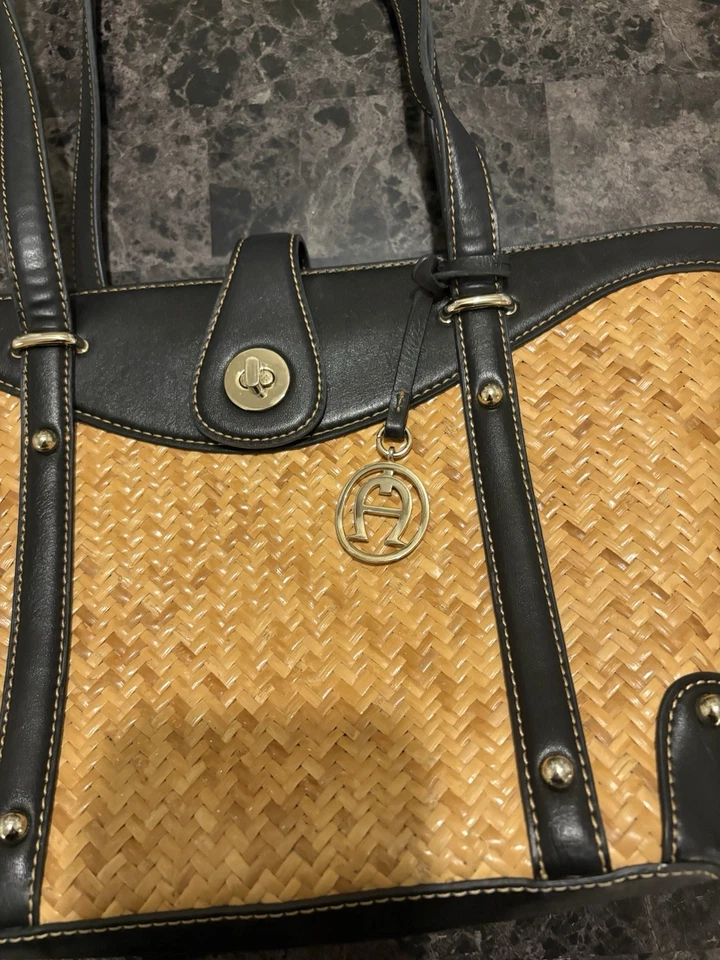 Etienne Aigner Woven Rattan Straw Tote Shoulder Bag Leather Accents Logo Charm - Image 4 of 4