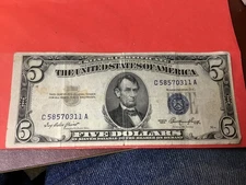 1953 Five Dollar  Silver Certificate $5 Bill Blue Seal Note, 1 Note