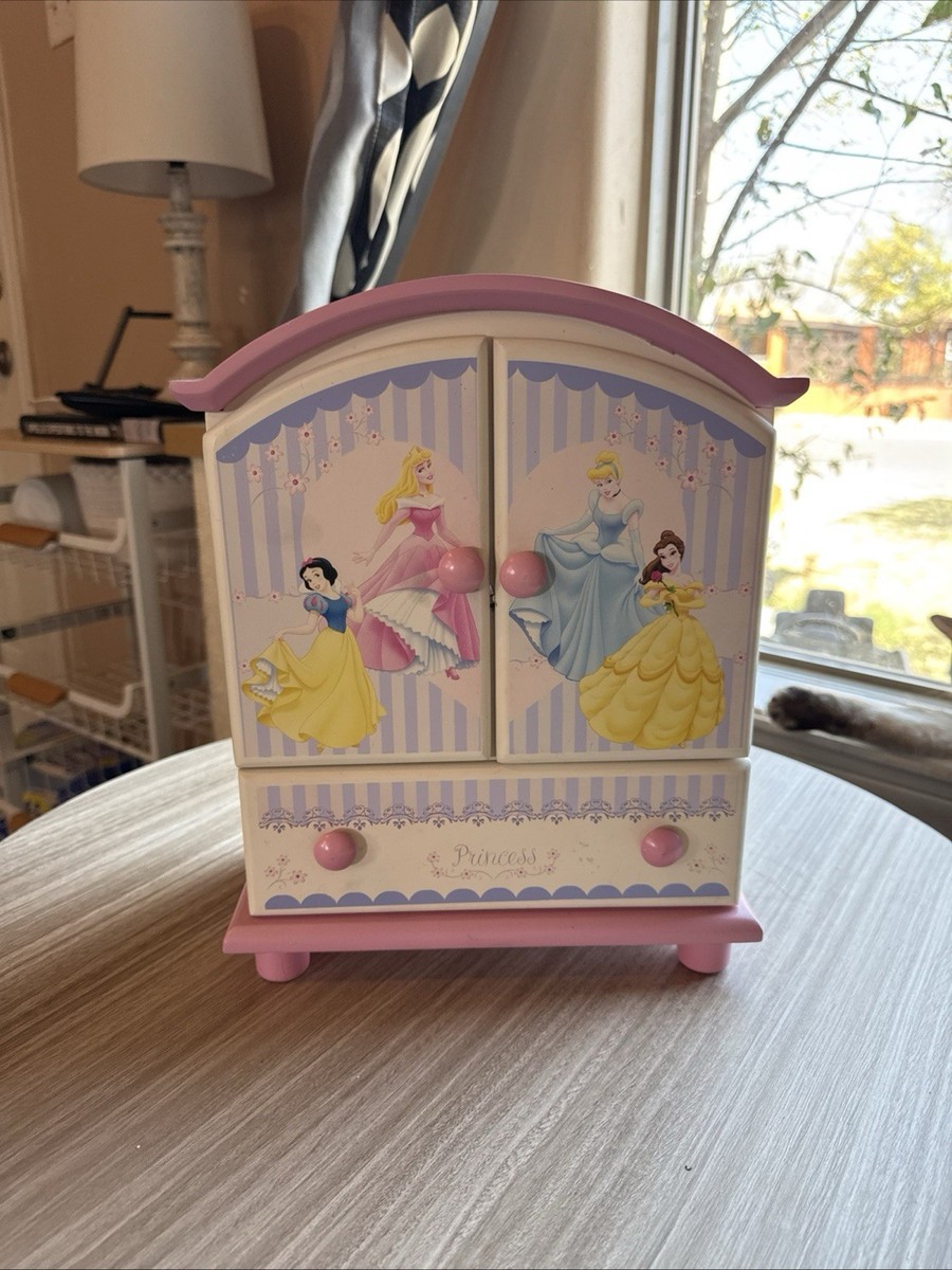 Disney Princesses Heavy Pink White Painted Wood Jewelry Box Chest