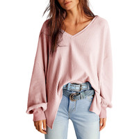 Damen Oversize Langarmbluse V-Ausschnitt Weich Casual Rosa L
