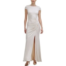 CALVIN KLEIN Womens Ivory Stretch Glitter Textured Slitted Zippered Ruched dress