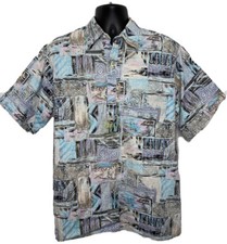 Vintage Go Barefoot Men’s Blue Grey Floral Cotton Hawaiian Shirt USA MADE XL