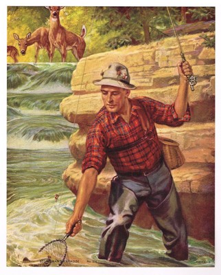 VINTAGE CALENDAR PRINT 1940S GENUINE LITHOGRAPH FISHING NOS BOY /& DOG 8X10/" 2