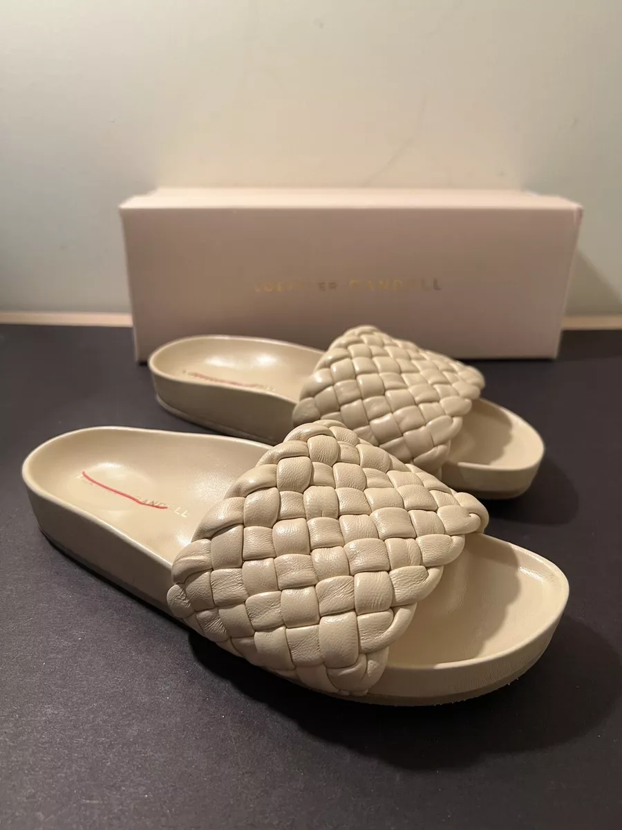 NEW WOMEN S Loeffler Randall Sonnie Woven ALMOND Leather Slides