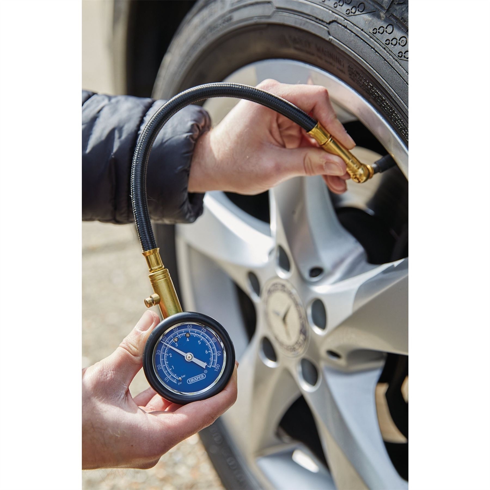 Draper Tyre Pressure Gauge with Flexible Hose for Car Van Motorbike Cycle Bike