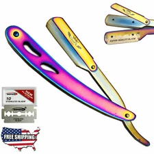 BEARD CUT THROAT TITANIUM MEN BARBER STRAIGHT SHAVING RAZOR RASOIR + 10 BLADES