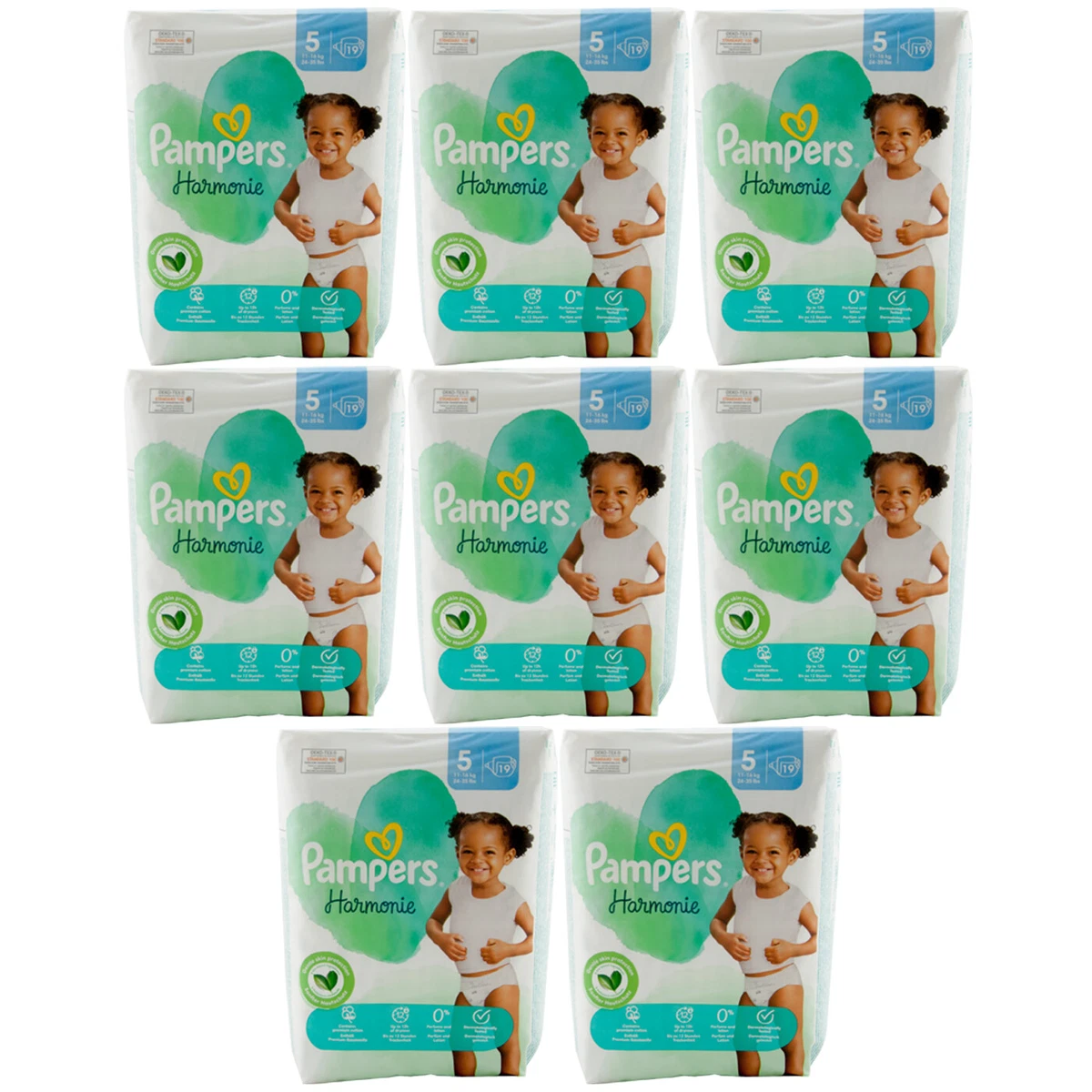 Pampers Harmony 8 x 19 Piece Size 5 11-35.3lbs 0% Perfume & Lotion To 12H  Case