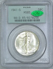 1941-S Walking Liberty Half Dollar PCGS MS65 CAC White Superb Luster PQ #A216